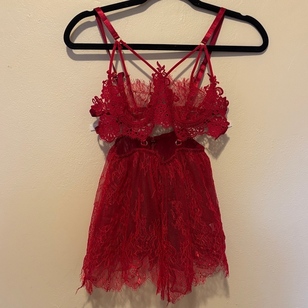 Chic Red Lace Bralette and Skirt Set